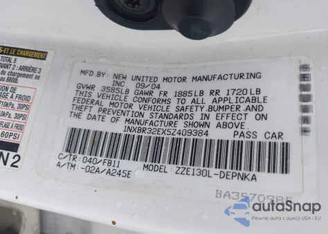 2005 Toyota Corolla Le из США, поврежденный, VIN 1NXBR32EX5Z409384